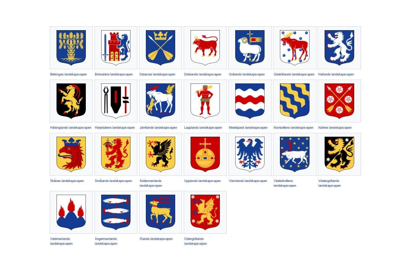 De wapenschilden van alle 25 landskap in Zweden.