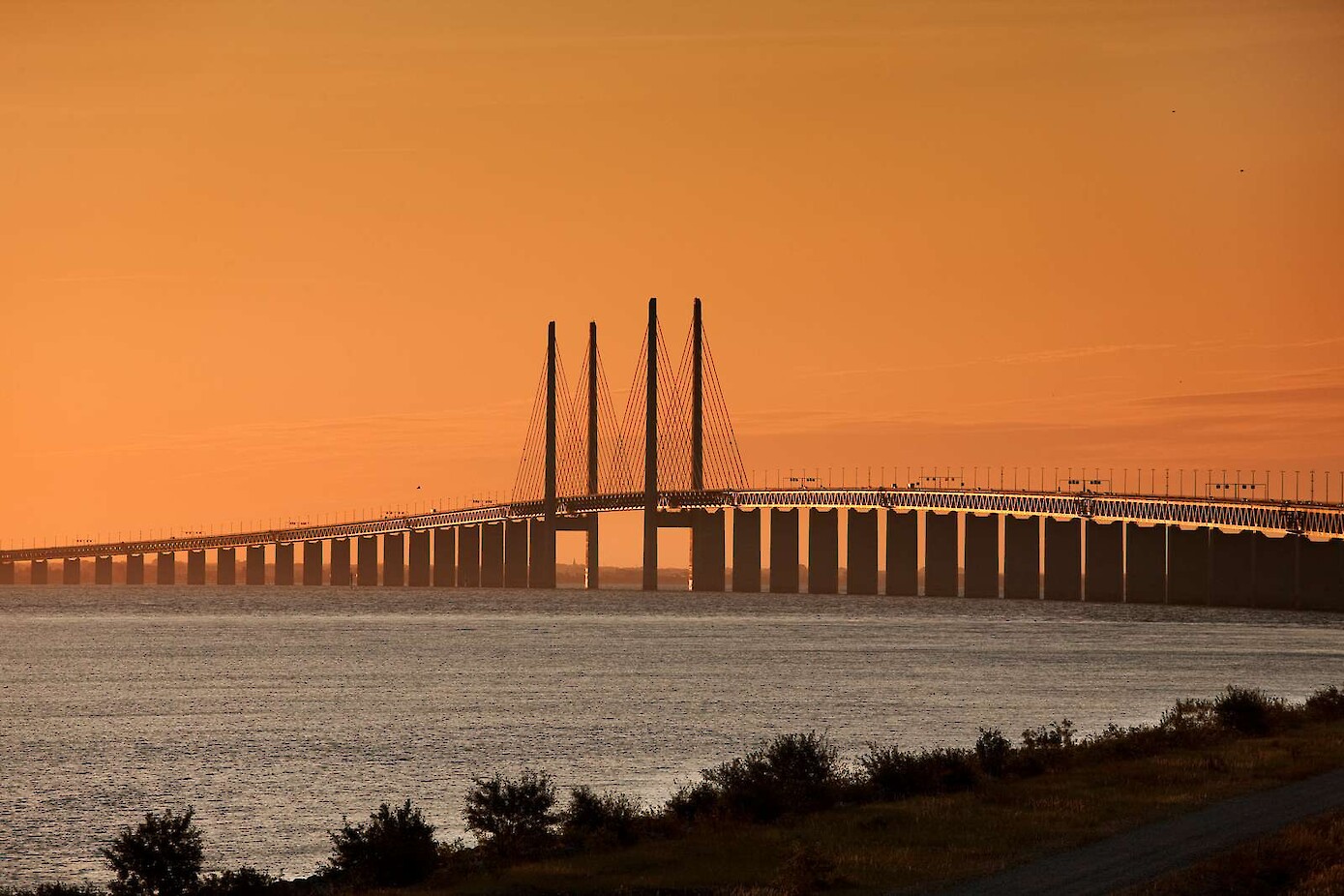 De Öresundsbrug in de avondzon.